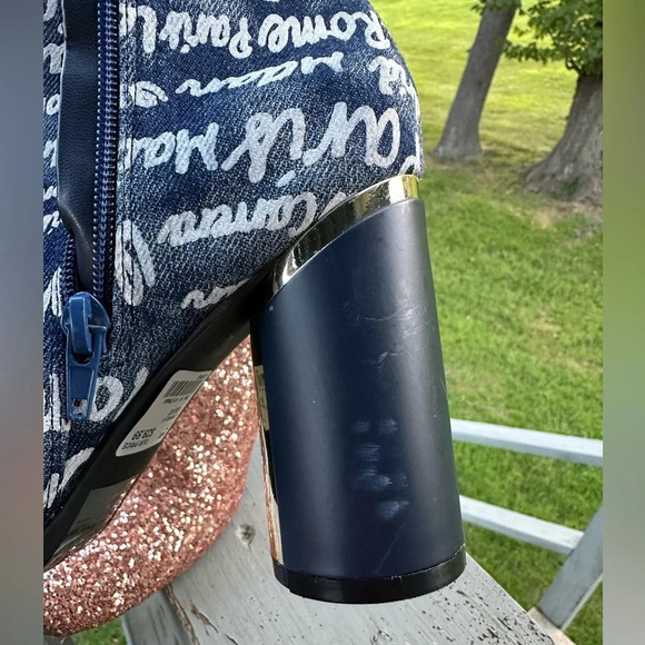 YOKI Willen Rose Gold Glitter Denim Graffiti Cylinder Heel Zip Ankle Boot 7 WILD - Picture 14 of 14